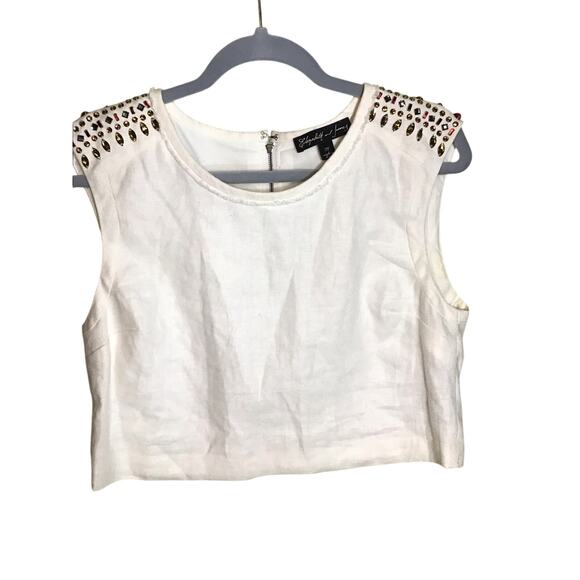 Elizabeth & James Women Bejeweled shoulder  Linen Sleeveless Cropped Top Sz Med - Picture 1 of 12